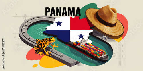 Panama travel illustration with canal cargo ship, golden frog, straw hat and patriotic flag map for tourism and trade design