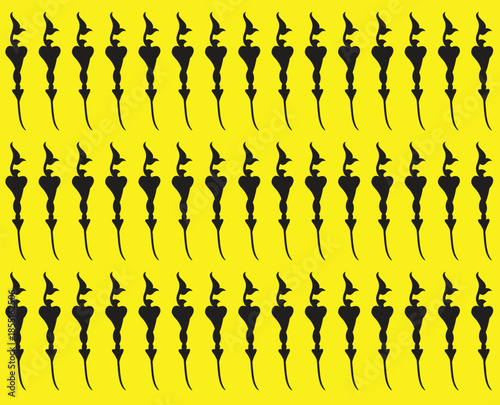 A sharp, rhythmic pattern of black abstract shapes.