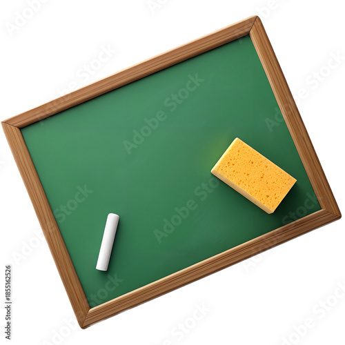 Green chalkboard with wooden frame, white chalk, and yellow sponge eraser on isolated on a transparent background