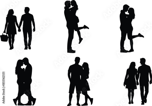 Collection of black silhouettes of romantic couples holding hands and hugging in various poses isolated on white background for valentine.