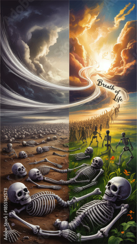 Breath of Life spiritual resurrection from valley of dry bones to living crowd, dramatic sky storm to light, hope and renewal