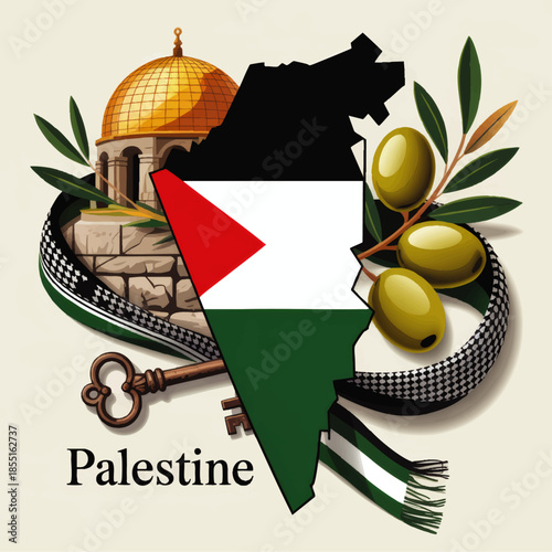 Palestine map flag illustration with Dome of the Rock, olive branch, keffiyeh scarf and vintage key on light background