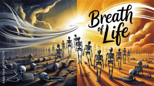 Breath of Life concept art with skeletons rising from valley of dry bones, dramatic light, hope, resurrection and spiritual renewal