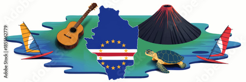 Cape Verde travel illustration with island map flag, volcano, guitar, sea turtle and windsurfing on tropical turquoise ocean