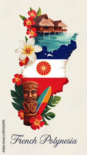 French Polynesia tropical travel poster with lagoon bungalows, island flag, tiki statue, hibiscus flowers and surfing paradise illustration