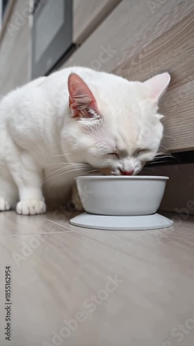 A beautiful cat eats food from a bowl on the kitchen floor