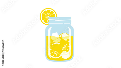 Refreshing lemonade in a mason jar with ice cubes and lemon slices, garnished with a lemon slice, perfect for summer.