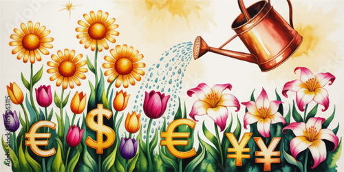 Watering money garden illustration with flowers and currency symbols, financial growth, investment nurturing, colorful economic prosperity concept