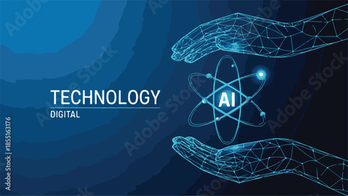 AI atom symbol held by wireframe hands on dark blue background