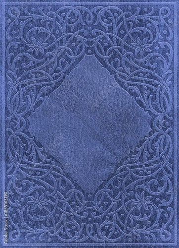 Blue background reminiscent of a book cover. It features a diamond shape in the center and ornate floral patterns around it.