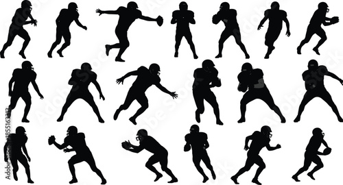 Collection of black silhouettes of American football players running and playing with ball isolated on white background for competitive sports.