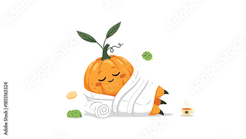 Adorable cartoon pumpkin wrapped in a white towel, enjoying a tranquil spa treatment with a cup of tea and green elements.
