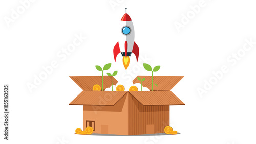 Vibrant rocket launching from a cardboard box, surrounded by growing plants and coins, symbolizing business startup and innovation.