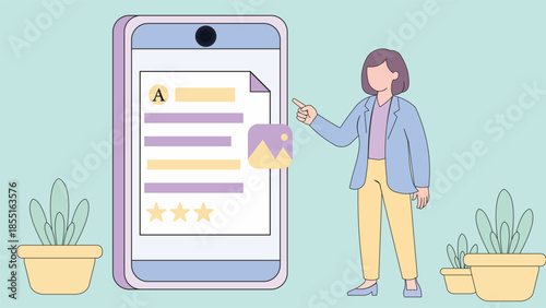 Creative illustration of online learning mobile interface showing teacher guidance digital lesson content and rating elements ideal for education apps websites onboarding design ui
