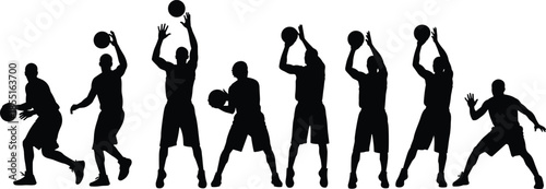 Collection of black silhouettes of basketball players dribbling shooting and playing with a ball isolated on white background for sports.