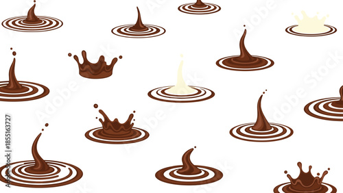 Pattern of various chocolate splashes and ripples, including dark and white chocolate, symbolizing deliciousness and confectionery.