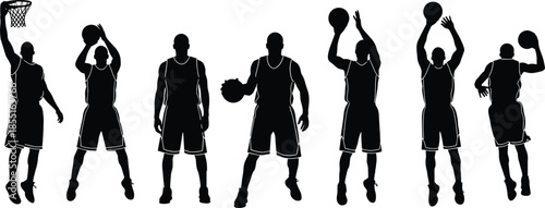 Collection of black silhouettes of basketball players shooting hoops and slam dunking isolated on white background for competitive team sports.