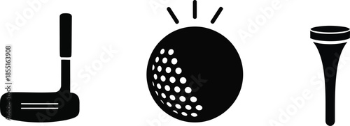 Black and white depicting golf equipment and accessories including a golf club, golf ball