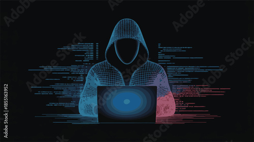 Anonymous hacker in hooded sweatshirt using laptop with code