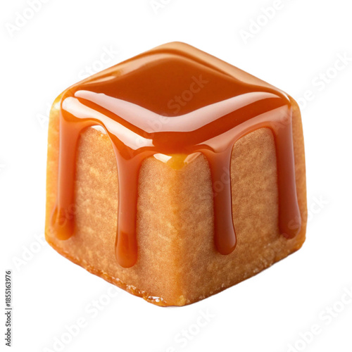 Single caramel candy cube with glossy caramel drizzle on and sides isolated on a transparent background