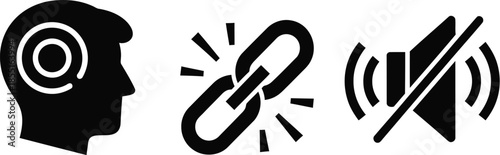 Three black and white representing a head with a brain a chain link and a megaphone with a