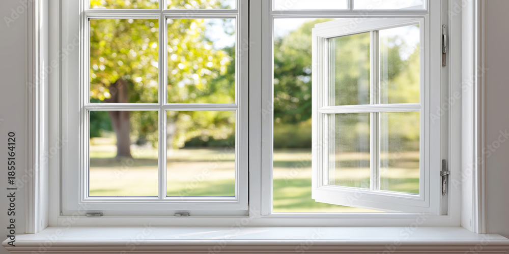 Fototapeta premium White casement window opening to a blurred green garden, letting in fresh air and light, bringing nature indoors