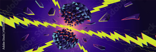 Futuristic low poly asteroid explosion with neon lightning bolts on purple space background, sci fi abstract energy concept art