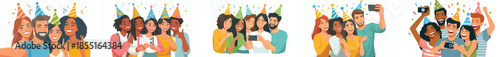 vector of friends taking selfie together celebrating new year