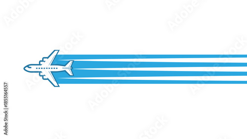 Stylized airplane flying horizontally with blue contrails, representing travel, air transport, speed, and global movement.