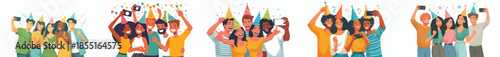 vector of friends taking selfie together celebrating new year