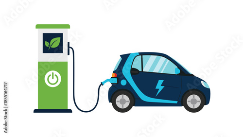 Blue electric car charging at a green charging station, symbolizing eco-friendly transportation and sustainable energy.