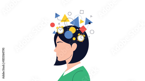 Woman's head silhouette filled with various geometric shapes and alarm clocks, depicting thoughts, time management, and mental activity.