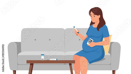 Pregnant woman sitting on a couch, checking her blood sugar with a glucometer and insulin pen, depicting gestational diabetes management.