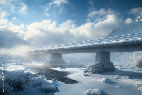 Snowy winter landscape with a bridge crossing a river in a serene mountain valley
