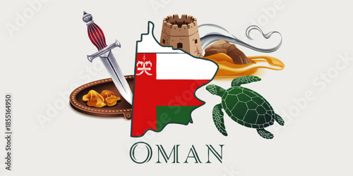 Oman travel landmarks illustration with national flag map, khanjar dagger, frankincense, desert fort, sea turtle and coastal waves