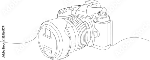Continuous one line drawing of camera. Micro four thirds vector illustration. Minimalist DSLR design hand drawn.