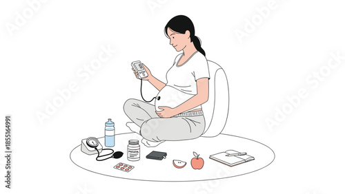 Pregnant woman monitoring her health with a blood pressure monitor and medication, promoting prenatal care and wellness.