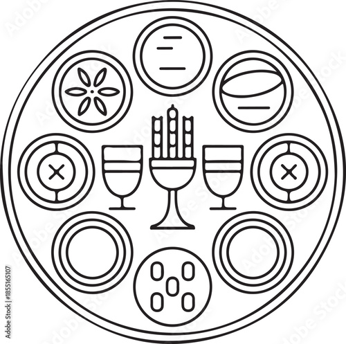 Jewish Passover Seder Plate Icon, Traditional Pesach Foods and Ritual