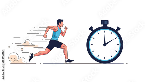 Dynamic illustration of a man running at high speed alongside a large stopwatch, symbolizing time efficiency and athletic performance.