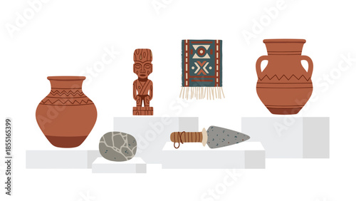 Collection of ancient artifacts, including pottery, a wooden statue, a woven rug, a stone, and a tool, displayed on white pedestals.