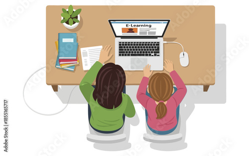 Two students engaging in elearning on a laptop at a wooden desk.
