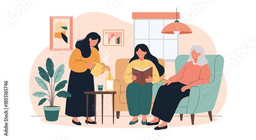 Three women in a cozy living room setting, one reading a book, one sitting in an armchair, and one pouring tea or coffee for her friends.