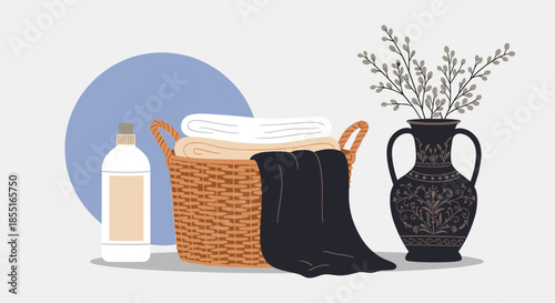 Wicker laundry basket filled with clean clothes next to a detergent bottle and a decorative vase with branches in a modern home interior.