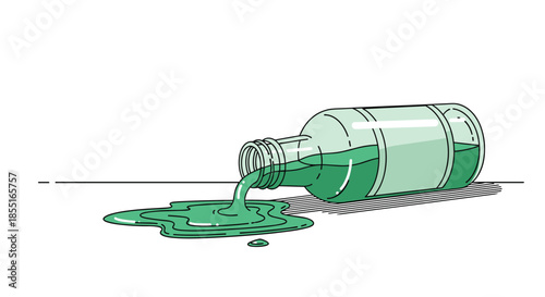Glass bottle lying on its side with green liquid spilling out and forming a puddle on a white surface for chemistry or laboratory themes.