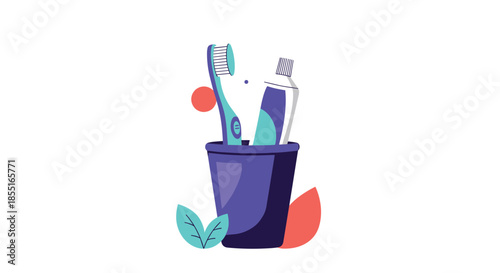 Toothbrush and a tube of toothpaste in a dark blue cup with colorful abstract shapes in the background for dental hygiene and daily oral care.