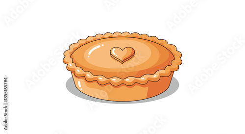 Freshly baked golden brown pie with a heart-shaped decoration on top and a wavy crust on a white background for a sweet dessert or celebration.