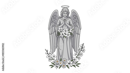 Serene stone angel statue with large wings and folded hands, holding a bouquet of white lilies and surrounded by white flowers.