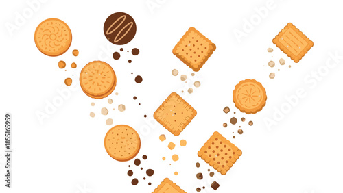 Diverse assortment of various cookies and biscuits, along with scattered crumbs, playfully arranged and floating.