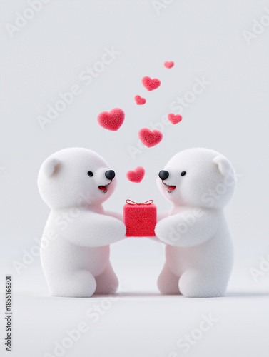 Two cartoon bears joyfully exchanging colorful gift boxes surrounded by floating hearts, celebrating love and friendship in a cheerful illustration