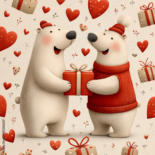 Two cartoon bears joyfully exchanging colorful gift boxes surrounded by floating hearts, celebrating love and friendship in a cheerful illustration